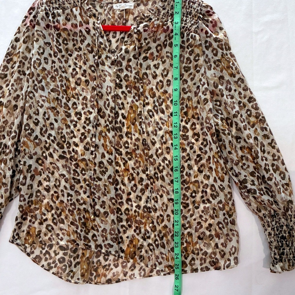 By The River Top Womens Large Brown Leopard Metallic Sheer Smocked Cuff Flowy - Picture 4 of 10